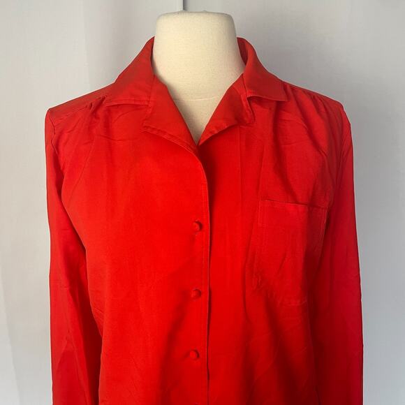 Vintage Top Blouse Size 14 Red Solid Long Sleeve Button Up Minimalist Office 90s - Picture 2 of 10